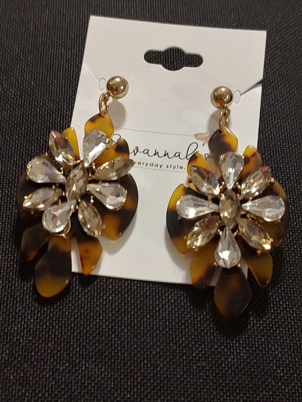 Tortoiseshell Drop Earrings with Crystal Floral Accent - Brown